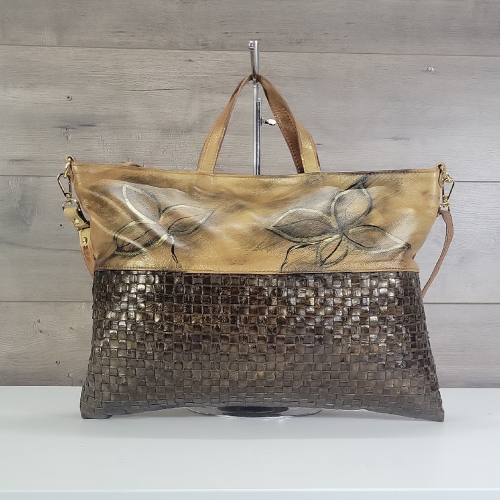 Large Civico 93 Floral Hand Painted  Italian Leather Tote Bag - Gold and Brown